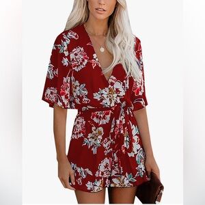 Bonkwa Women's Summer Rompers Floral Print Deep V-Neck Elastic Waist Romper